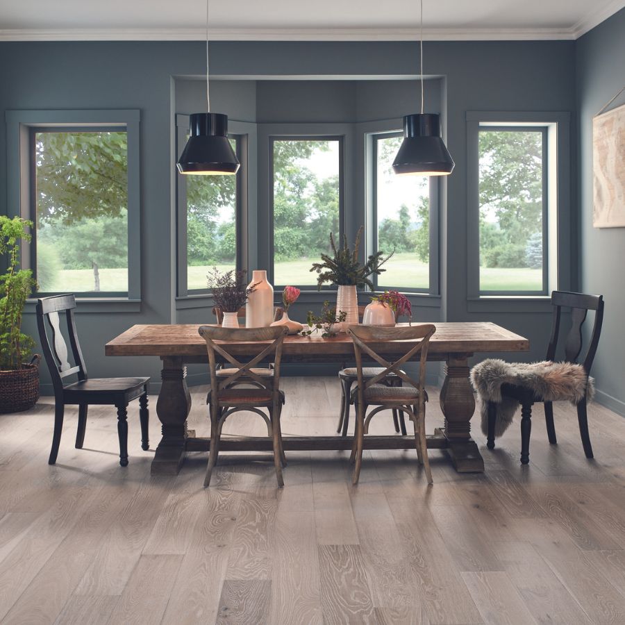 hardwood flooring in dining room dark walls wood table
